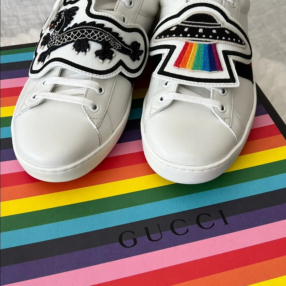 🆕 Auth Gucci Sneakers Ace Gucci 10.5 Removable Patches